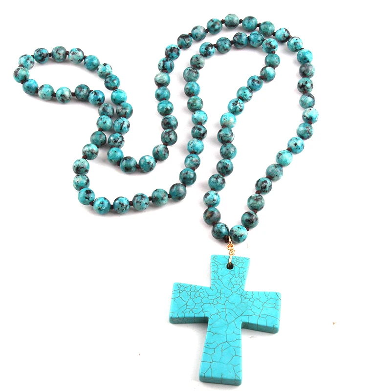 Fashion Semi Precious Stones Beads Statement Necklaces long Knotted Cross Ethnic Necklace