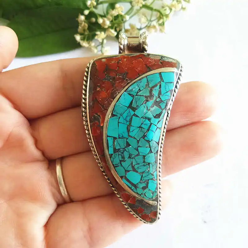 TBP068 Nepal Hand Vintage Pendants Copper Inlaid Colorful Stone Big Dao Pendant