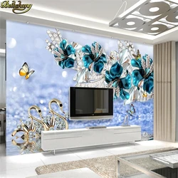 Beibehang-Papel De Parede De Foto Personalizado, Adesivo Mural, Cisne De Luxo, Flor Azul, Marca De Água Jóias, TV Fundo De Parede