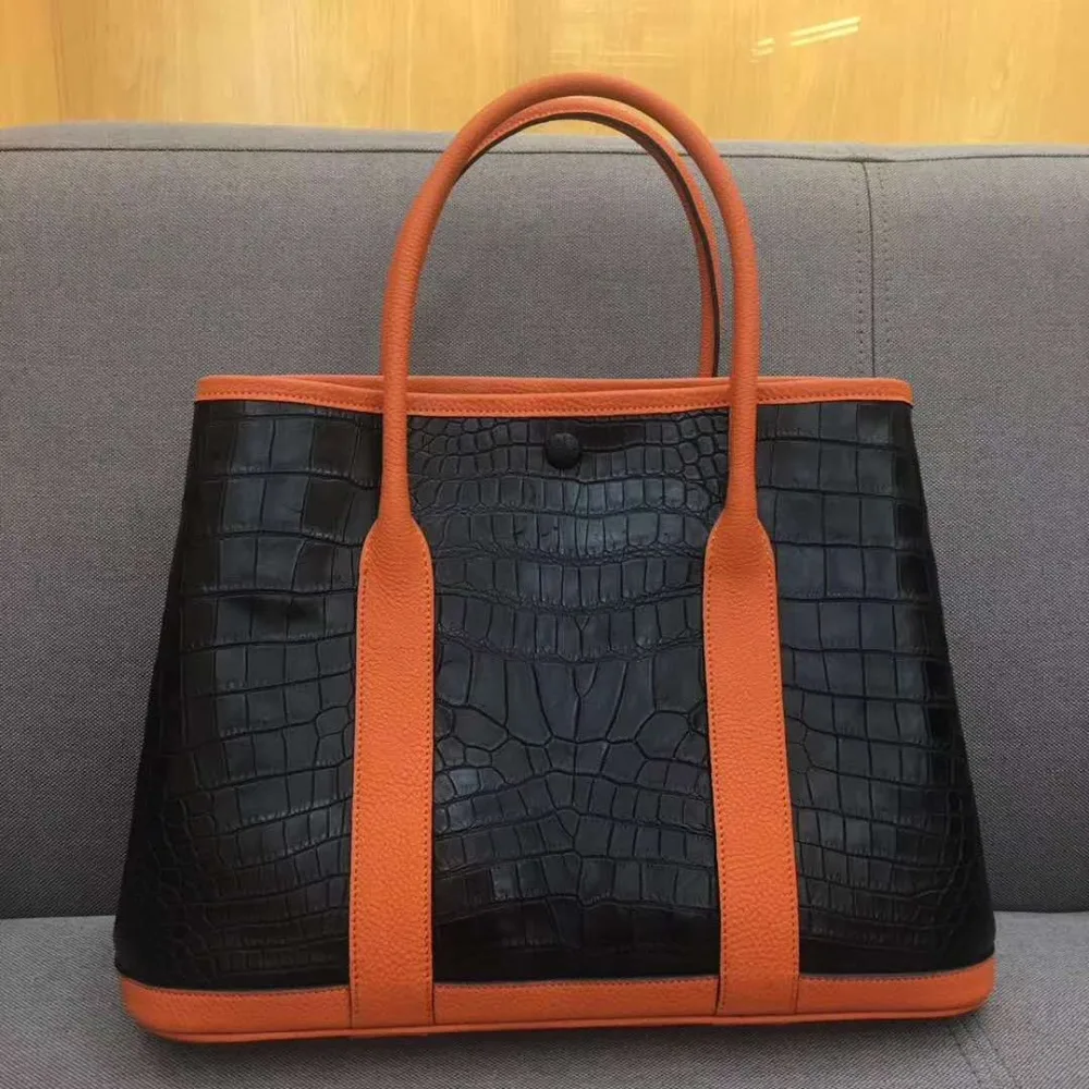 2018 latest Luxury top quality genuine crocodile belly skin women tote handbag leisure top handle garden bag orange skin piping