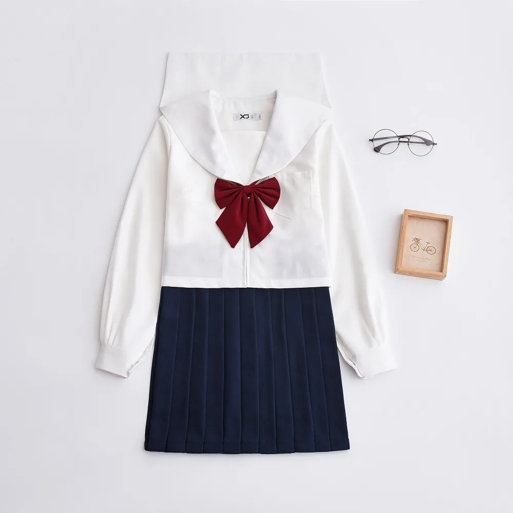 New Sailor Suit Girls Japanese JK Uniform Full Set Summer Class School Uniform Cosplay Students Clothes Bow White Top Navy Skirt