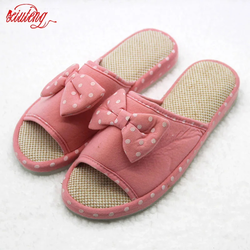 Xiuteng Candy color Warm Home Slippers Women Bedroom Winter Slippers Cartoon Bowtie Indoor Slippers Cotton Floor Home Flax Shoes