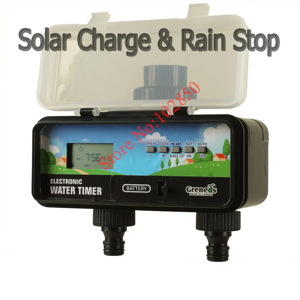 2-Zone 2-mode Electronic Garden Water Timer with solar charge and rain stop function,LCD