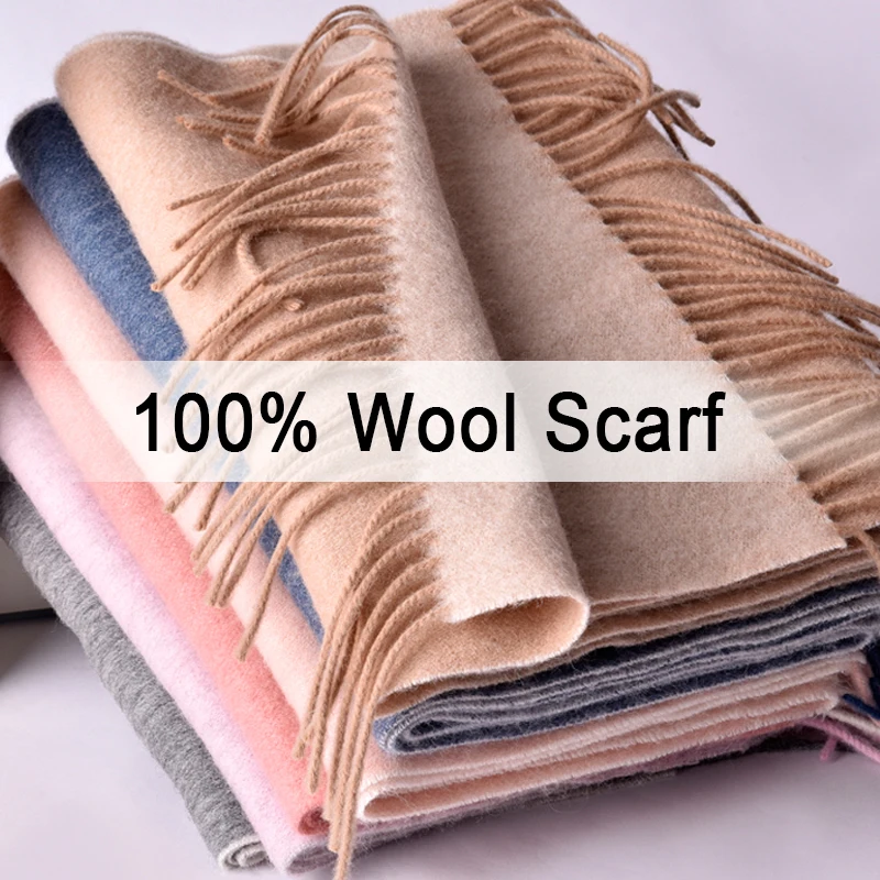 100% Pure Wool Scarf Winter Women Solid Echarpe Wraps for Ladies Pashmina with Tassel Warm Merino Wool Scarves Cashmere