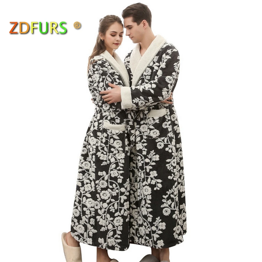 ZDFURS * new Lovers Long flower Coral Fleece Bathrobe Men Winter Soft Flannel Kimono Bath Robe Male Dressing Gown Mens Robes