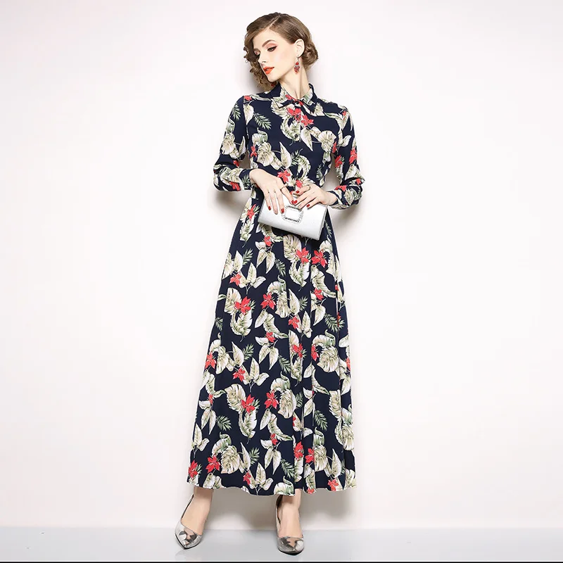 Autumn new long sleeve dress female Slim printed women V-neck long dresses Casual Peter Pan Collar elegant Vestidos Mujer