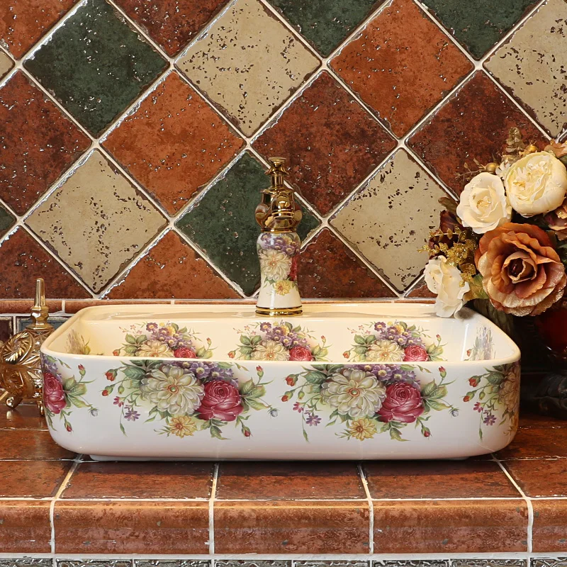 

China Artistic Procelain Handmade Europe Vintage Lavabo Washbasin Ceramic Bathroom Sink Counter Top wash basin rectangular rose