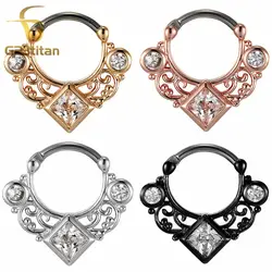 16G Titanium Piercing Septum Clickers Nose Rings Square CZ Zircon Crystal Nose Hoop with Beautiful Hollow Design Body Jewelry