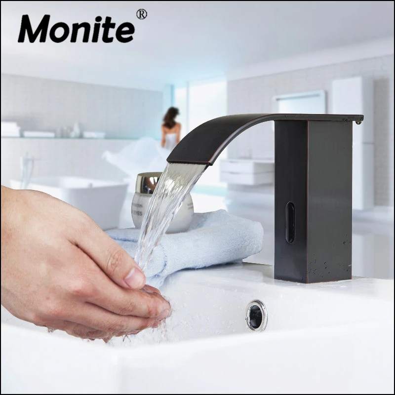 Automatic Hands Touch Free Sensor Soild Brass Black ORB Waterfall Bathroom Wash Basin Sink Mixer Tap Faucet Water Tap