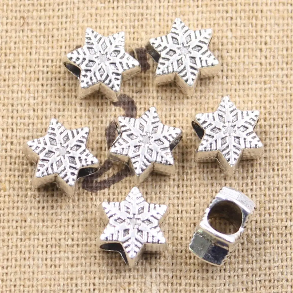 8pcs 11x9x6mm Snow Snowflake 4.5mm Big Hole Bead Antique Silver Color Beads Charms Fits Diy Charms Bracelet Jewelry Beads