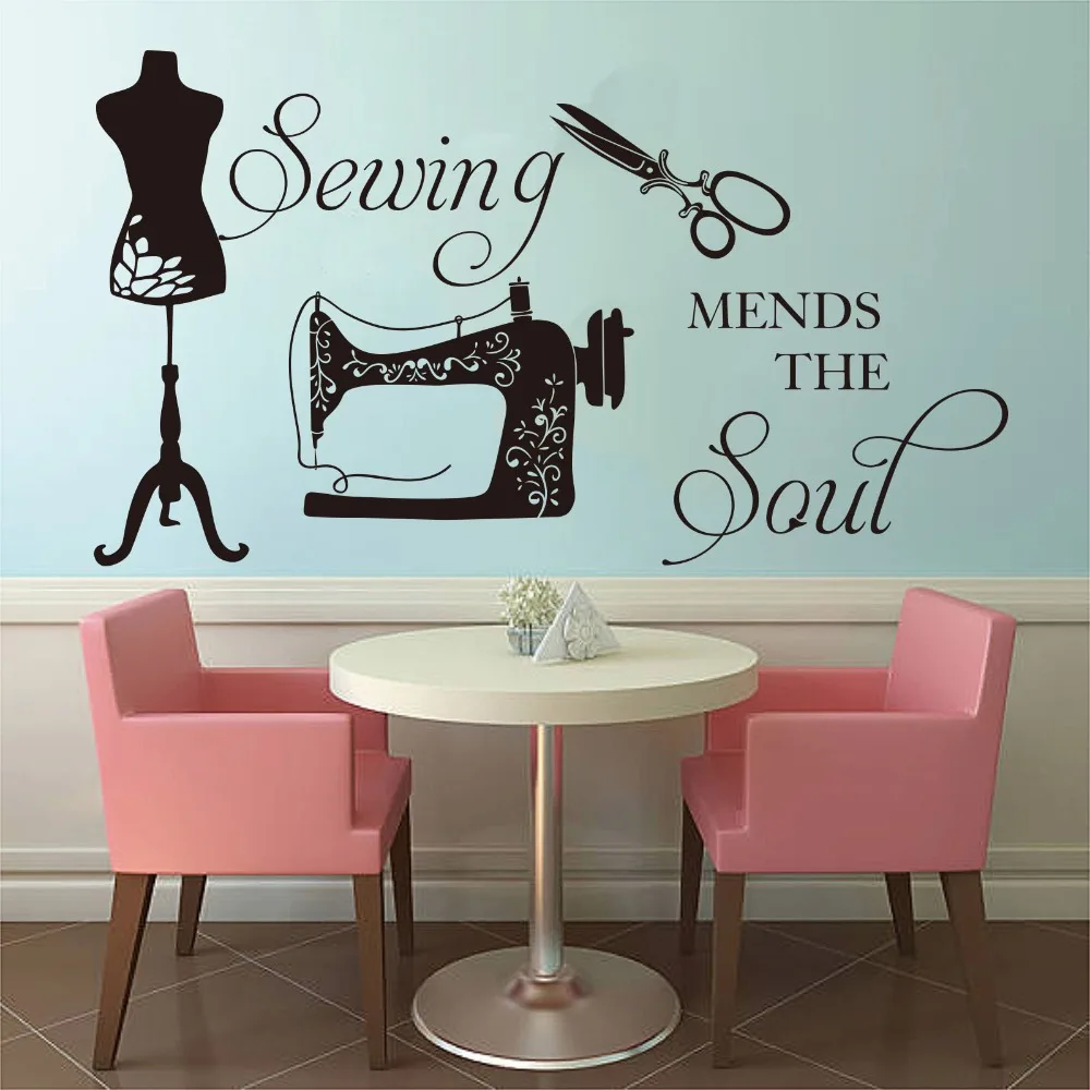 Sewing Mends The Soul Quote Wall Window Sticker Sewing Shop Handmade Needle Needlework Handcrafted Decal Shop Vinyl Decor