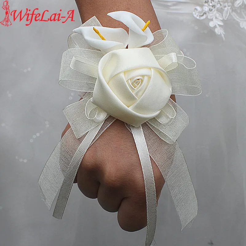 Wifelai-a 1 Buah/Lot Bunga Mawar Sutra Gading PE Calla Lily Bunga Pergelangan Tangan Pita Pengantin Pernikahan Korsase Bunga Tangan Warna Gading