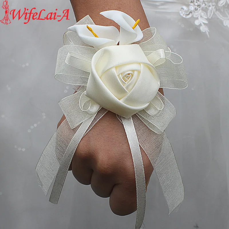 Wifelai-a 1pcs/lot Ivory Silk Rose Flowers PE Calla Lily Wrist Flowers Bride Ribbon Wedding Corsage Hand Flowers Ivory Color