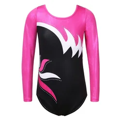 BAOHULU Long Sleeve Gymnastics Leotard for Girls Youth Black HotPink Patchwork Toddler Leotards Athletic Costume Kids Dance Wear