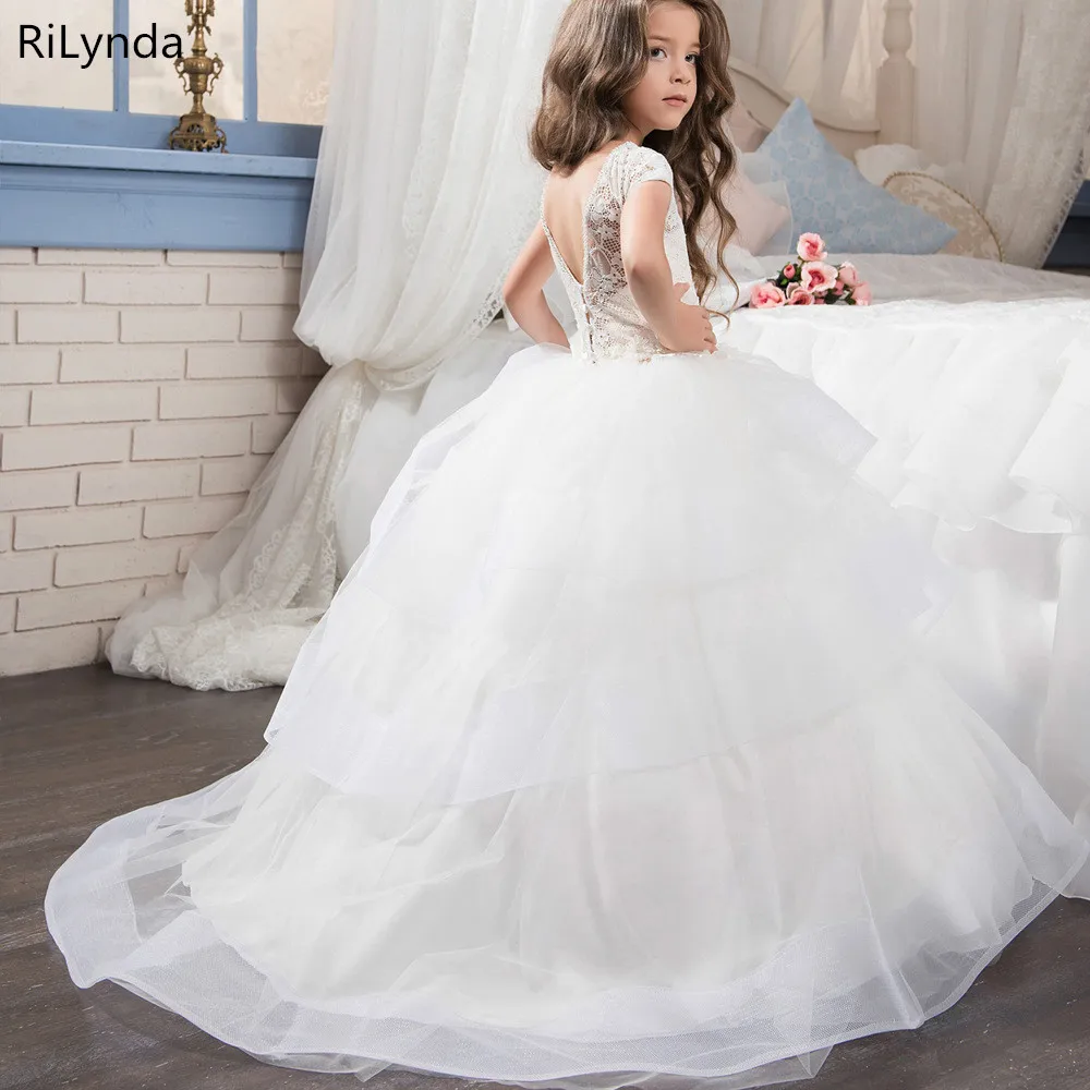 Branco marfim vestido da menina de flor reboque inchado vestido de festa de casamento menina primeira comunhão eucaristia participou princesa renda eve