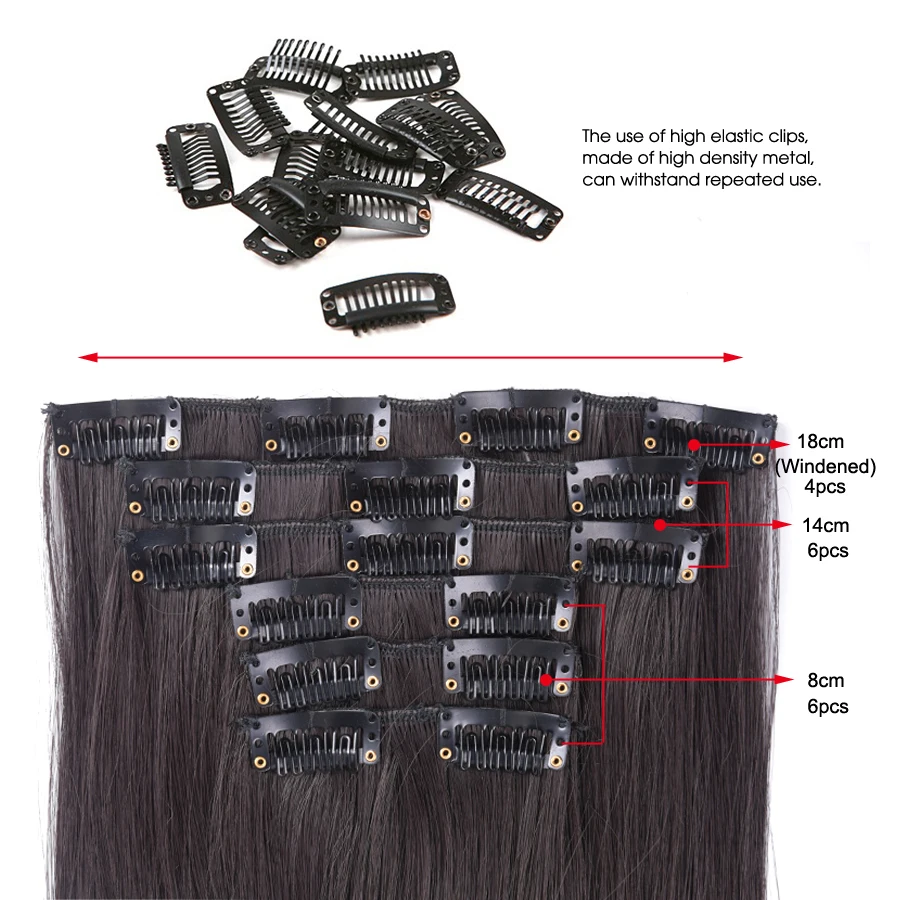 Leeons Hair-extensões de cabelo sintético, 22 ", 16 clipes, reto longo, fibra de alta temperatura, preto, peruca marrom, 1 pc