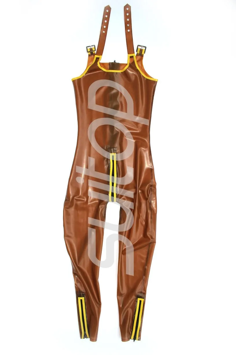 Men 's brwon latex catusit rubber bodysuits vest style in trasparent brwon (in high quanlity level)