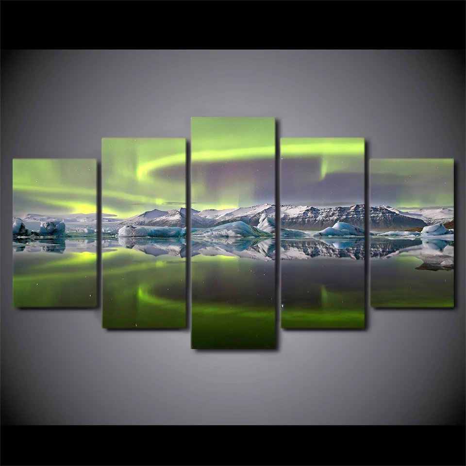 HD printed 5 Piece Canvas Art  Aurora Lake Ice Mountain painting Posters and Prints Home Decor Free Shipping ny-6795C