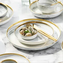 Gold Marble Dinner Plate Set Ceramic Kitchen Plate Tableware Set Food Dishes Rice Salad Noodles Bowl Soup Kitchen Cook Tool 1set