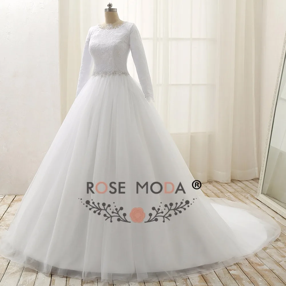 Rose Moda – robe de mariée musulmane, col haut, manches longues, avec ceinture, Photos réelles, sur mesure