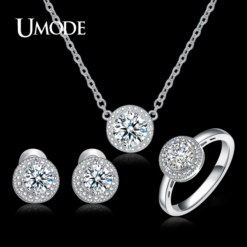 UMODE Wedding & Engagement Jewelry for Women White Gold Color Round CZ with Necklaces & Earring & Ring Sets Gift US0043