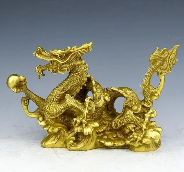 

China collectible fine workmanship brass Dragon play pearl crafts statue