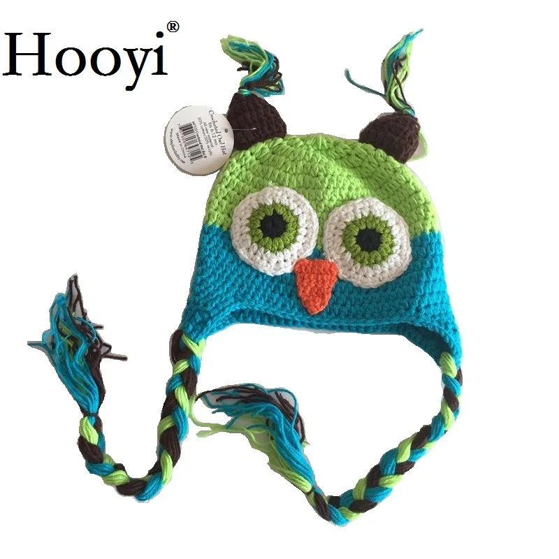 Hooyi Owl Baby Boys Crochet Caps Children Hat Embroidery Wool Green Blue Ear Protector Kid Beanies Cute Animal Hats Winter Scarf