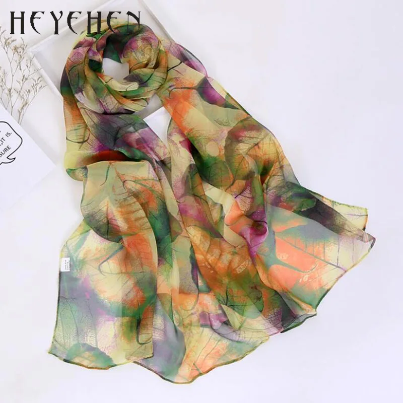 New Design Women Foulard Chiffon Georgette Silk Scarf Green Tree leaf Print Sunscreen Long Shawl Muslim Hijab HY87