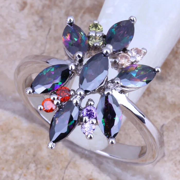 Noblest Rainbow Cubic Zirconia Multigem Silver Plated  Women's Ring Size 6 / 7 / 8 / 9 E808