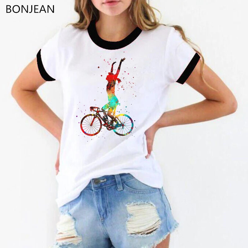 Korean Style Clothes Watercolor Woman'S Road Cycling Print Tshirt Female Cute Casual Girl Tee Shirt Femme Harrajuku T-Shirt