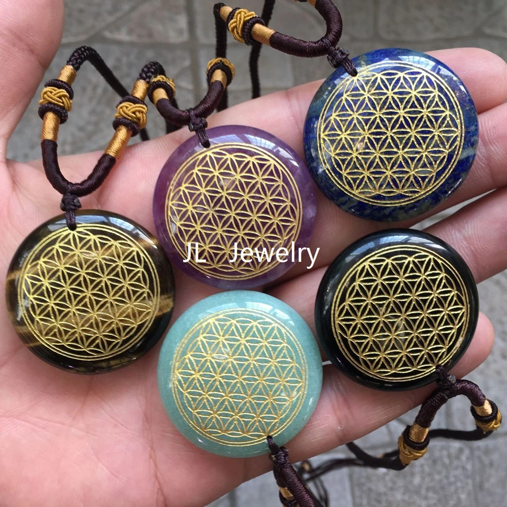 35mm Flower of Life Pendant Necklace Natural Green Quartz Crystal  Aventurine Stone Make With Rope Flower Of Life Necklace