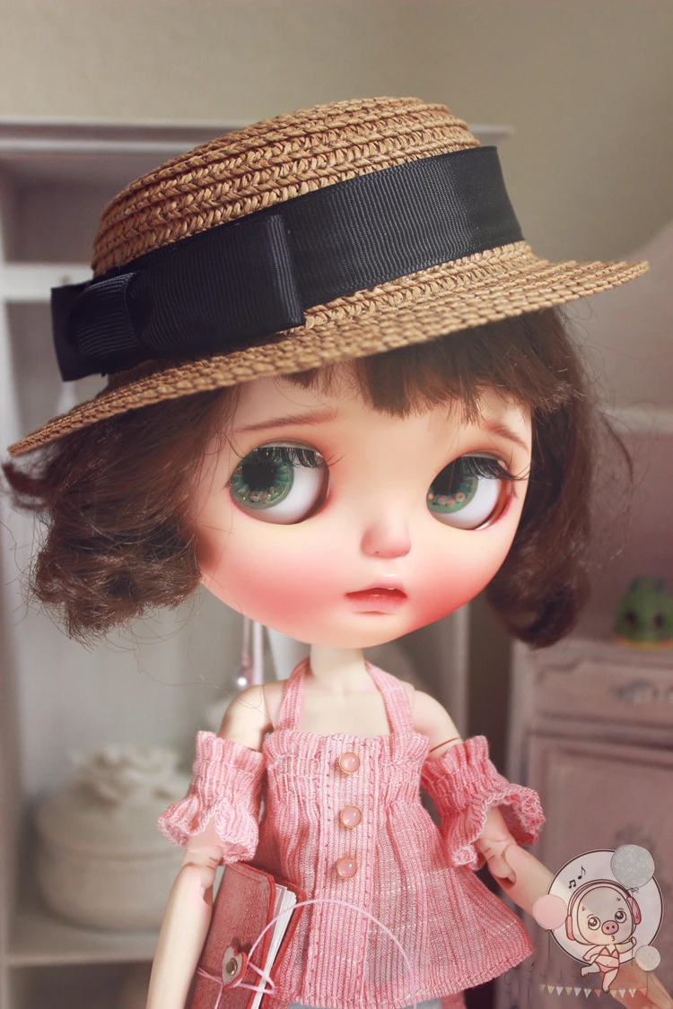 1Pcs Strapless Pink Shirt  Off Shoulder Tops Brown Hat for Blyth 1/6 Dolls Accessories