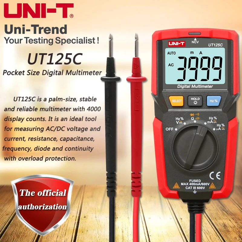 UNI-T UT125C Pocket Size Digital Multimeter; Resistor/Capacitor/Frequency/Diode/NCV Test, Low Voltage Display