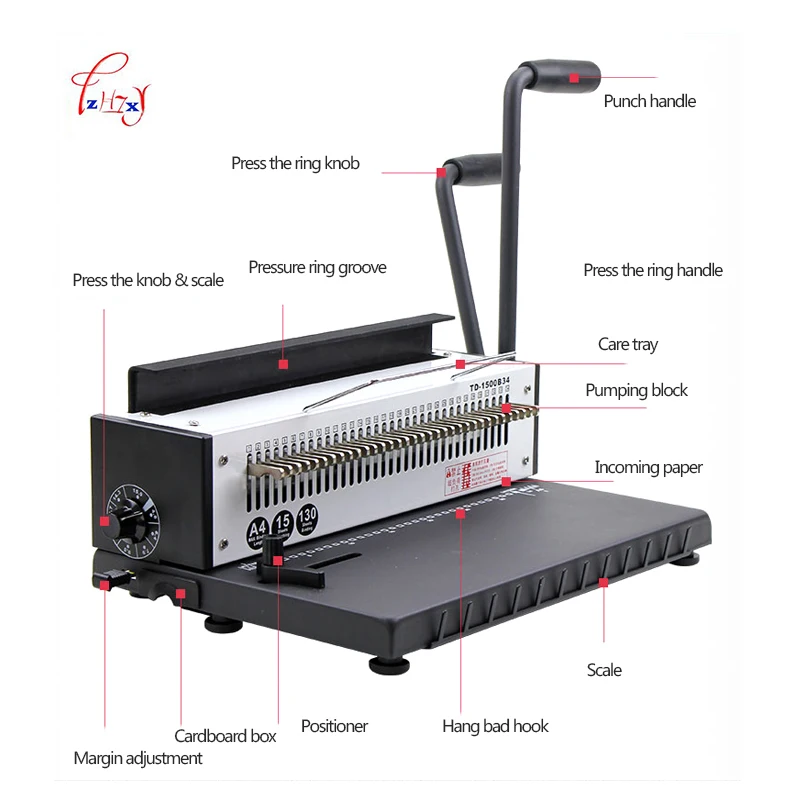 TD-1500B34 Manual Wire binding machine 34 Holes Metal Spiral Wire Spool Binding Machine A4 Binder Puncher machine 1pc