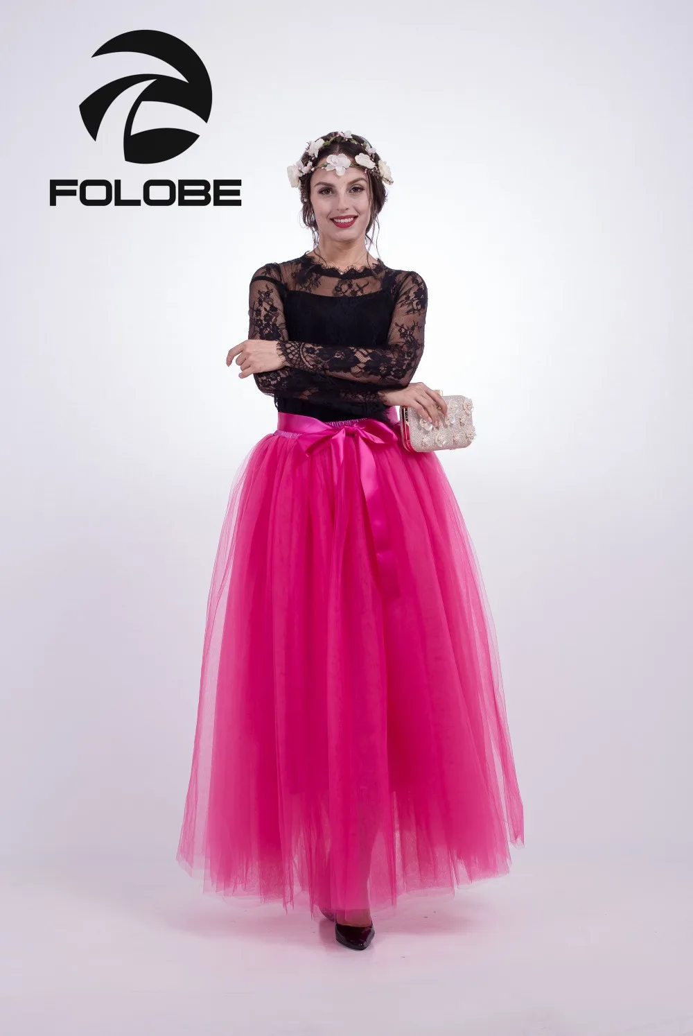 

FOLOBE Stock Rose Puffy Women Chiffon 7-Layer Tulle Skirt faldas High Waist Maxi Long Grunge Jupe Female Tutu Skirt TT014