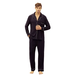 Men's Natural Bamboo Modal Knit Jersey Pajama Set Sleepwear Button-Down Long Sleeve Pj Set Twinset Long Pant Night Set