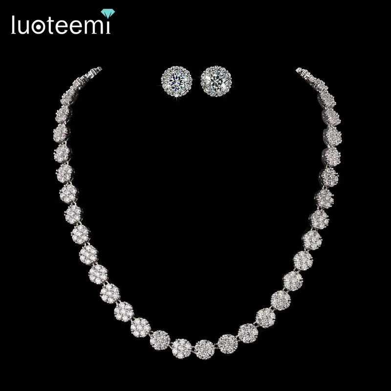 LUOTEEMI White Gold-Color AAA+ Cubic Zirconia Stone Earrings and Necklace for Wedding Bridal High Quality Jewelry Set