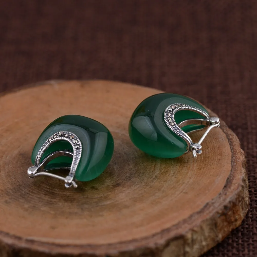 BOCAI S925 Silver Jewelry Cat Eye Stone Earrings for Women Retro Craft Chinese Style Fashion Silver Earrings