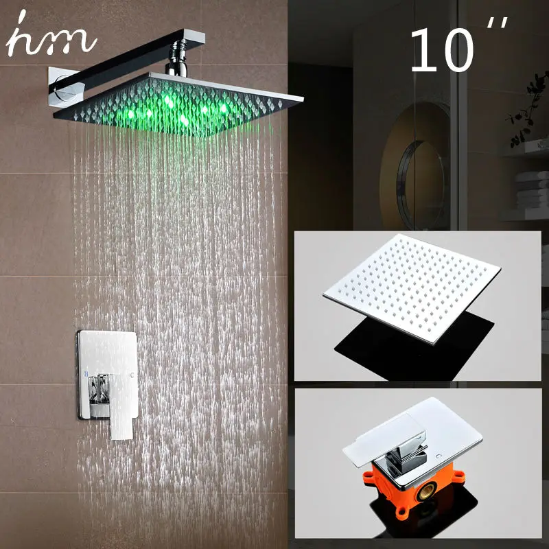 hm 10Inch LED Shower Set Wall Mounted Embedded Box ShowerheadLuxury Rainfall Saving Water Bath Faucets Chrome Finished