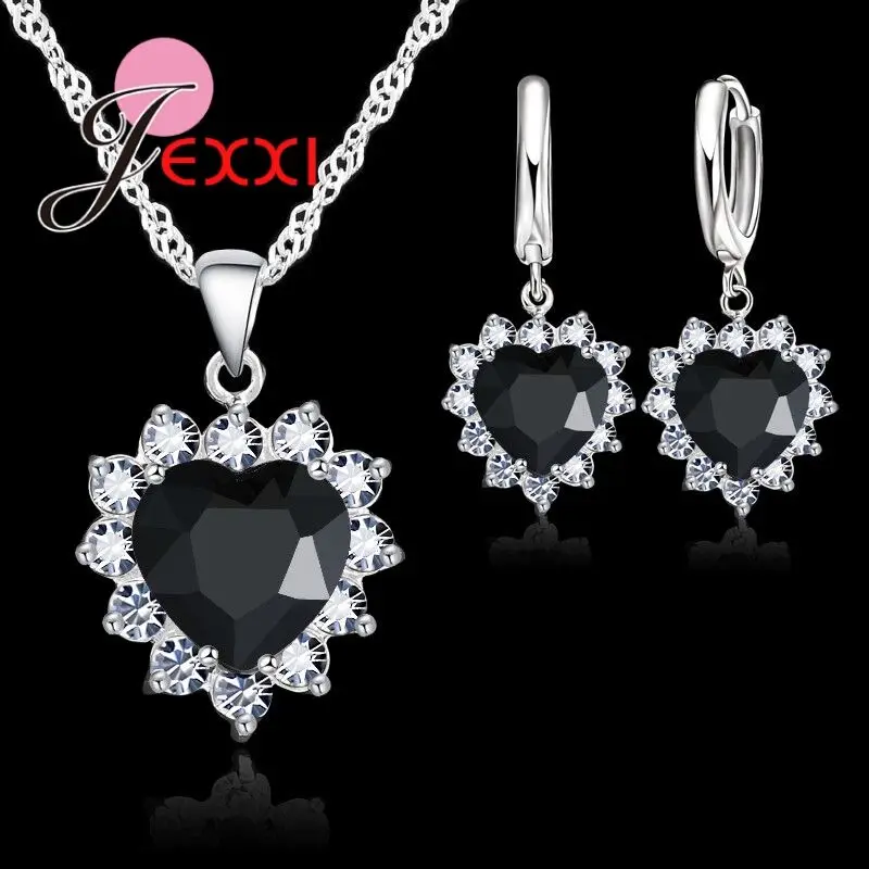 Fashion Heart Shaped Crystal Pendant 925 Sterling Silver Necklace Loop Earring Wedding Jewelry Sets Blue Zircon Accessory