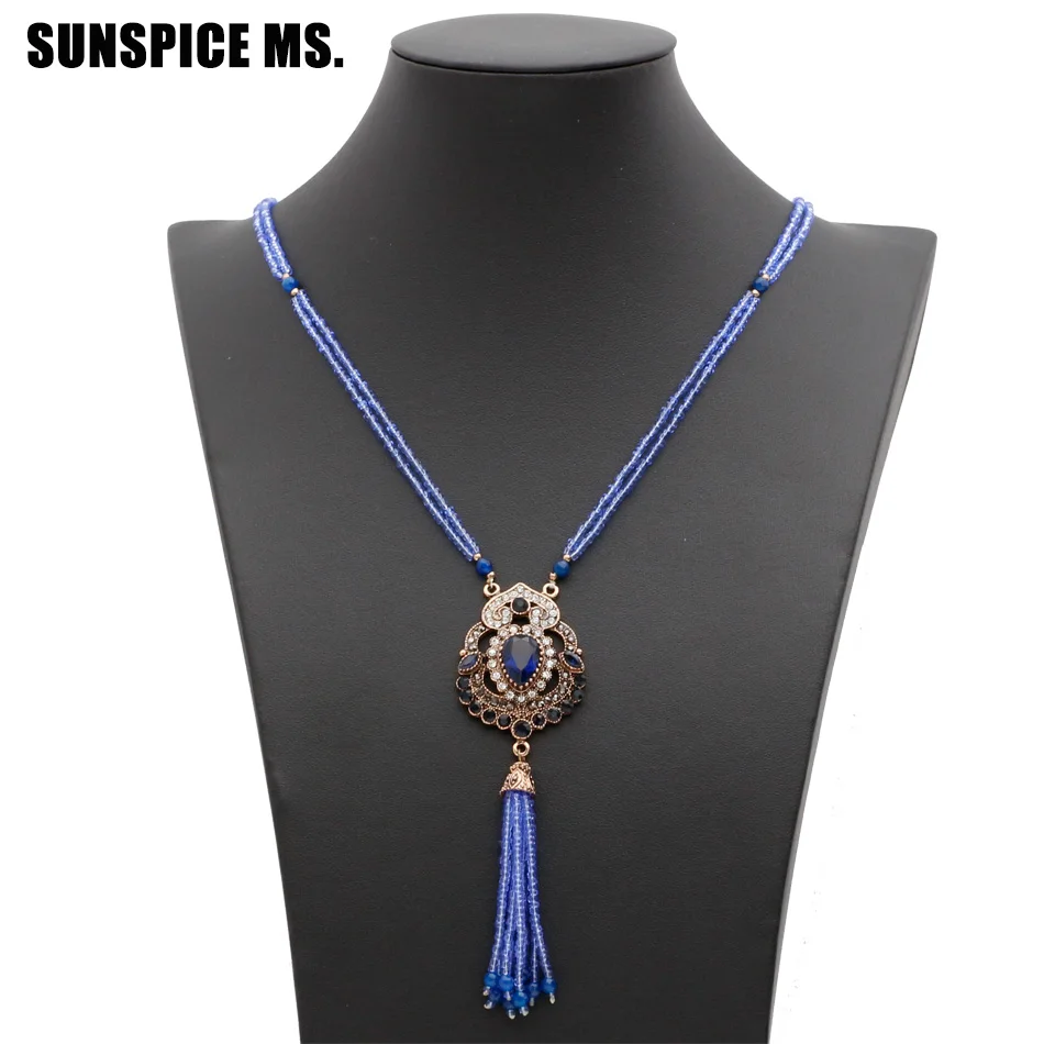 Sunspicems Turkish Women Vintage Bead Necklace Flower Pendant Long Tassels Sweater Chain Arabic Bridal Jewelry