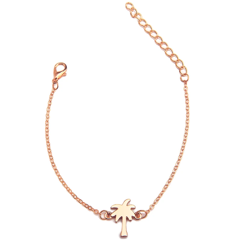 Rose Golden Silver Plated Nature Style Coconut Tree Charm Extender Chain Adjustble Bracelets For Women