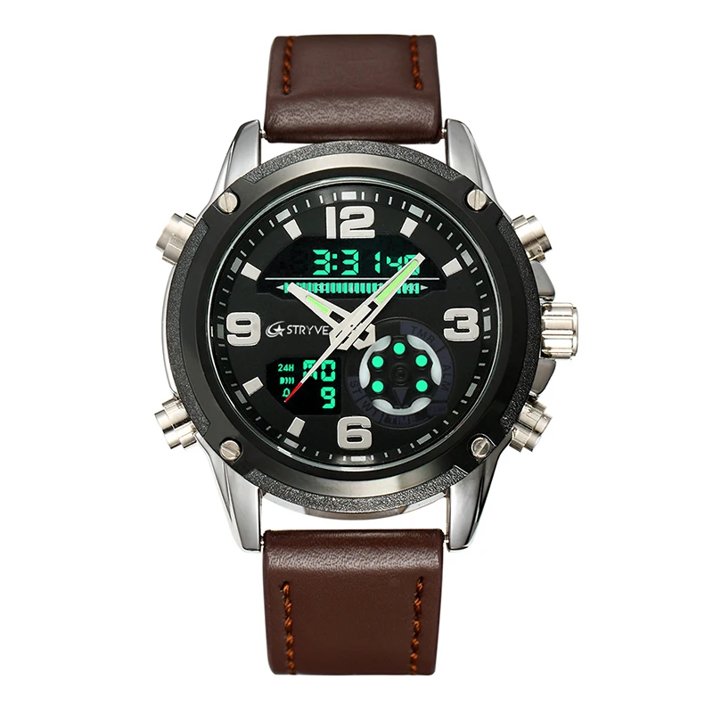 2019 Stryve Brand New Men Military Leather Sports Luminous Clock Luxury Dual Time Quartz Digital Watches Waterproof Reloj Hombre