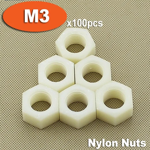 100pcs DIN934 M3 White Plastic Nylon Nuts Hexagon Hex Head Nut