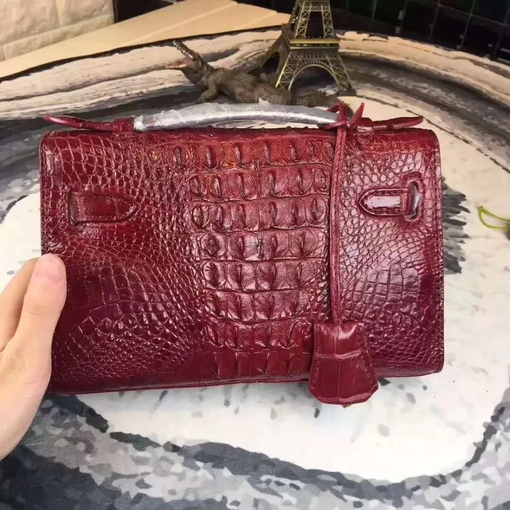 Hot selling luxury quality 100% real genuine crocodile skin women chain shouder bag green color crocodile head skin lady bag