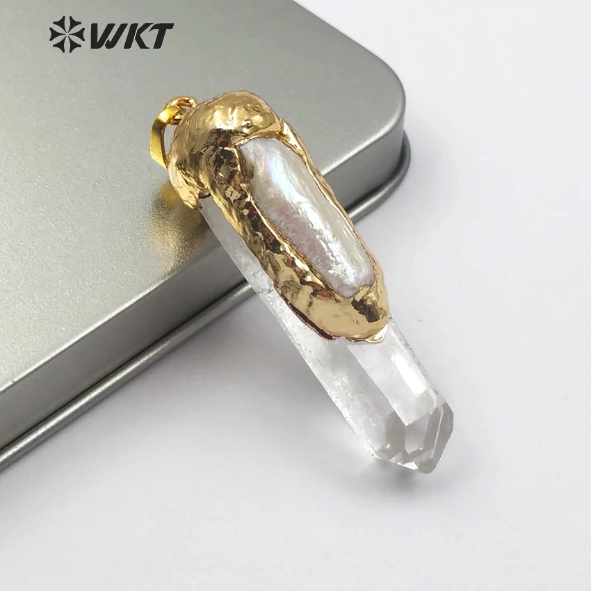 WT-P1429 WKT New design pendant crystal quartz with pearl plated with gold trim in freeshape for women jewelry random size piont