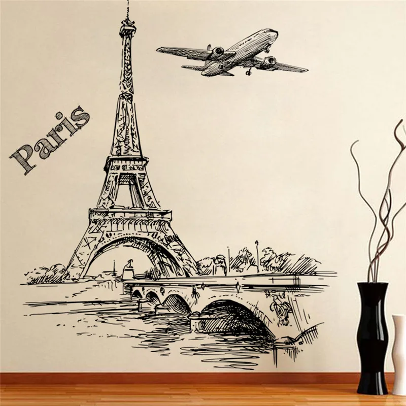 Romantic Tower Paris Aircraft Living room bedroom Restaurant TV Sofa Background decoration 3d window Wall Decals Home Decor