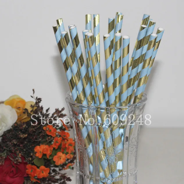 100 Pcs Light Blue and Metallic Gold Foil Striped Paper Straws,Boy Birthday Party Baby Shower,Vintage Drinking Cocktail Colored