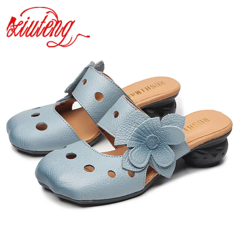 Xiuteng Hollow Sandals Flowers Pattern Genuine Leather Big Head Adjustable Daily Sandals Ladies Shoes Spring New Women Slippers