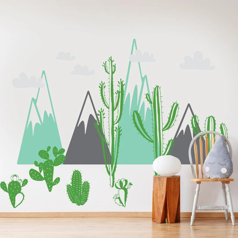 Mountain and Cactus Clouds Wall Decal DIY Self-sticking Vinyl Desert Cactus Wall Decor Art Decals Baby Nursery Wallpapers LC1323